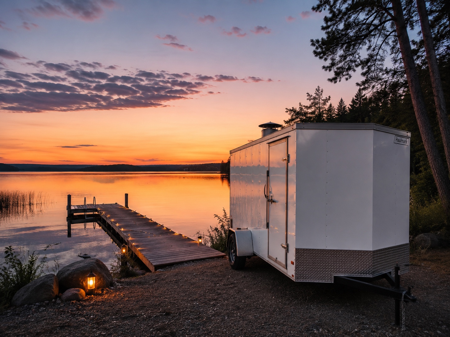 Mobile sauna trailer at sunset